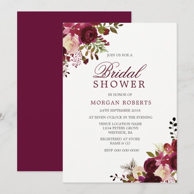 Invitación a ducha de novia floral de Borgoña Mars (Anverso / Reverso)