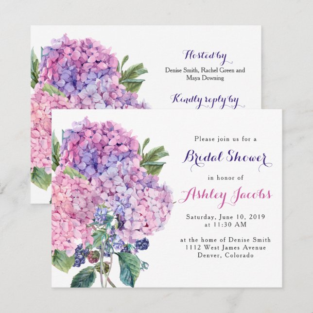 Invitación a ducha de novia floral de Hydrangea ro (Anverso / Reverso)