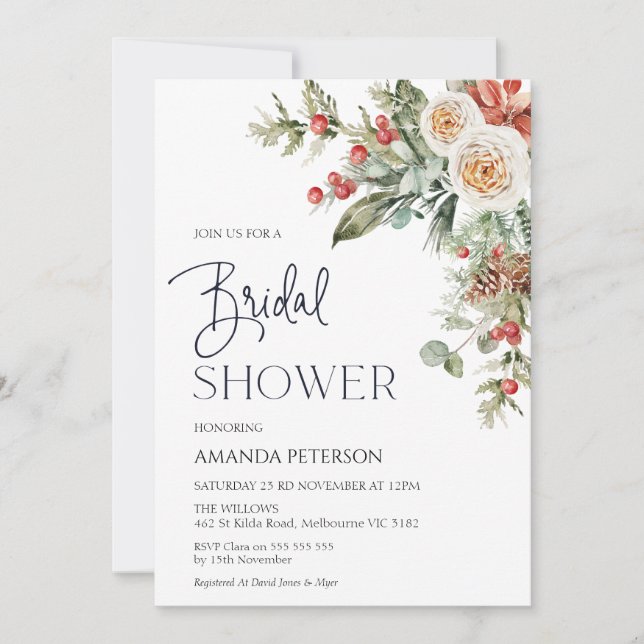 Invitación a ducha de novia floral de invierno en  (Anverso)