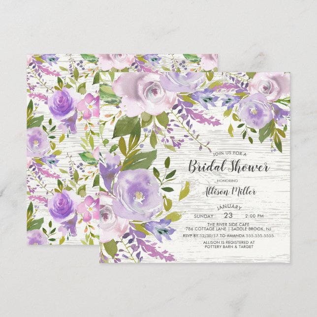 Invitación a ducha de novia floral de lavanda rúst (Anverso / Reverso)