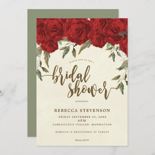 invitación a ducha de novia floral de rosas rojas (Anverso / Reverso)