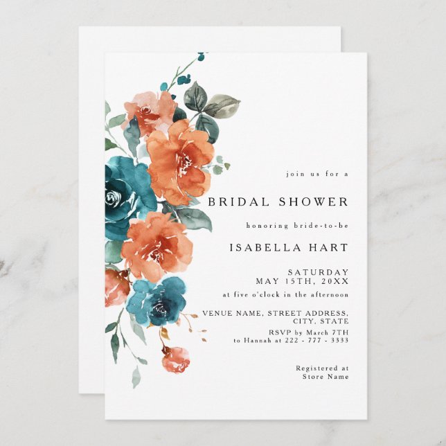 Invitación a ducha de novia floral Naranja quemado (Anverso / Reverso)