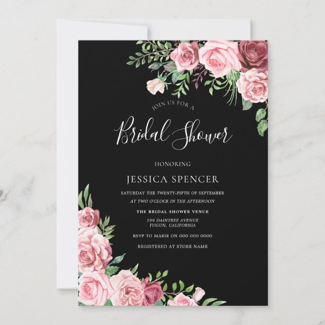 Invitación a ducha de novia floral negra en Rubor  (Anverso)