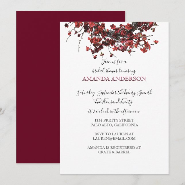 Invitación a ducha de novia floral roja borgoñona (Anverso / Reverso)