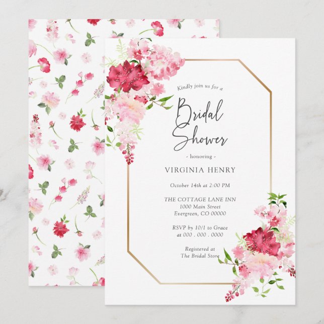 Invitación a ducha de novia floral roja rosa (Anverso / Reverso)