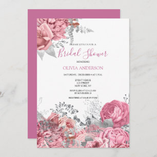 Invitación a ducha de novia floral rosa plateado