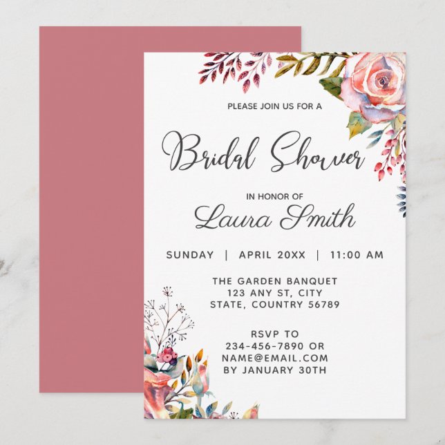 Invitación a ducha de novia floral rosa rosa Rubor (Anverso / Reverso)