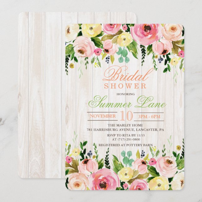 Invitación a ducha de novia floral rústica (Anverso / Reverso)