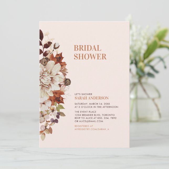 Invitación a ducha de novia floral rústica de otoñ (Anverso de pie)