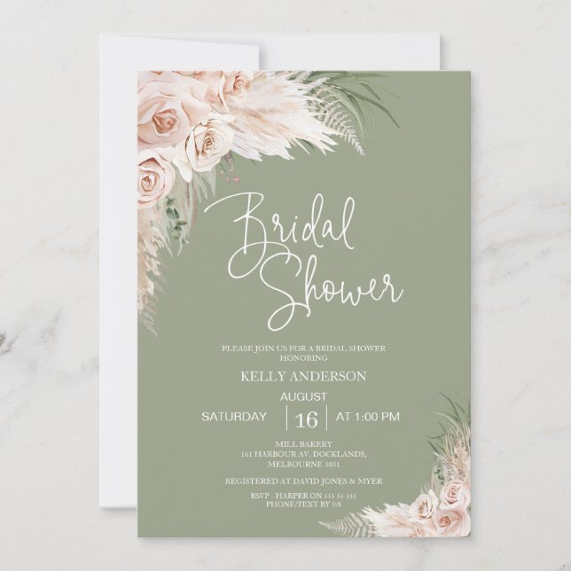 Invitación a ducha de novia floral Sage Green Boho (Anverso)