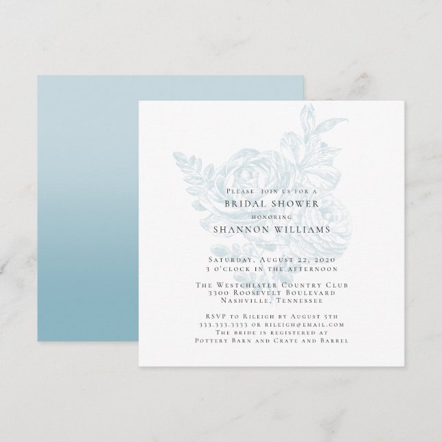 Invitación a ducha de novia floral simple azul (Anverso / Reverso)