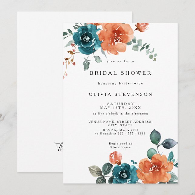 Invitación a ducha de novia floral Verde azulada N (Anverso / Reverso)