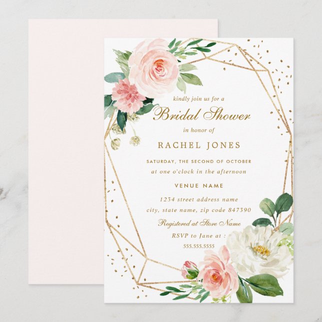 Invitación a ducha de novia geométrica con floral  (Anverso / Reverso)