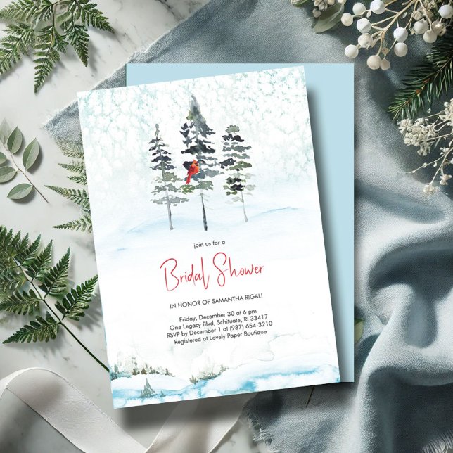 Invitación a ducha de novia invierno Pines acuarel (winter wonderland bridal shower invitations watercolor pine trees forest)
