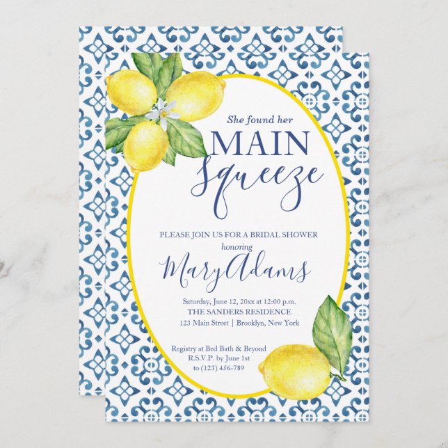 Invitación a ducha de novia limón, italiana con mo (Anverso / Reverso)