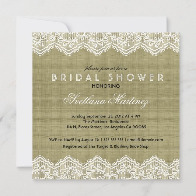 Invitación a ducha de novia Linen & White Lace (Anverso)