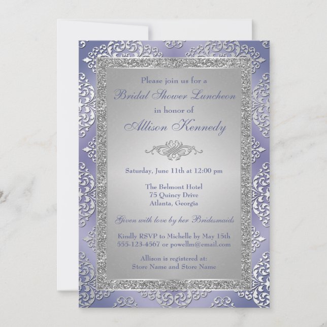 Invitación a ducha de novia malva, Purpurina plate (Anverso)