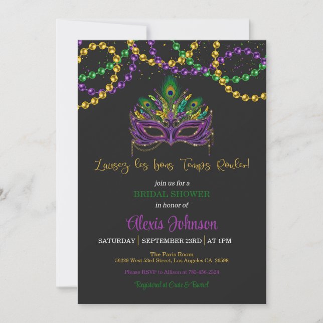 Invitación a ducha de novia Mardi Gras - cuentas (Anverso)