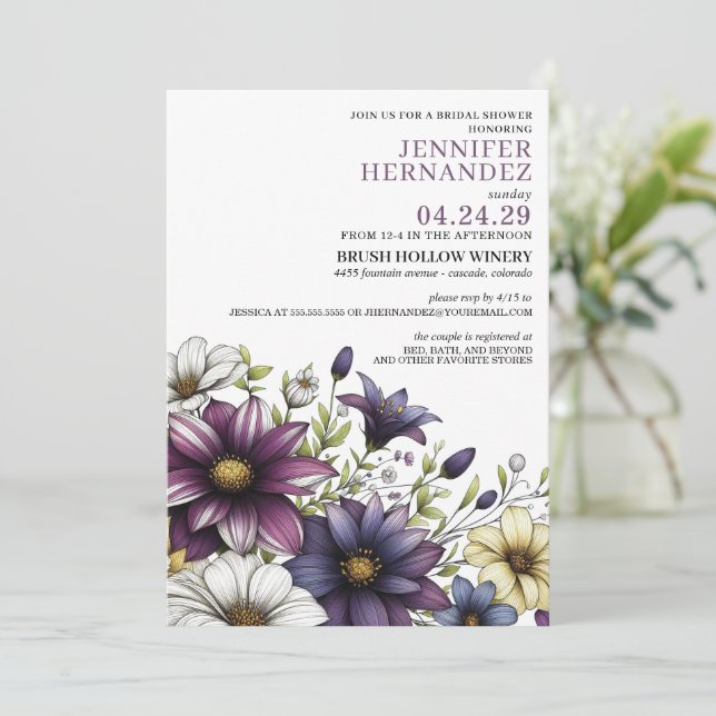 Invitación a ducha de novia morada con flores mora (Anverso de pie)