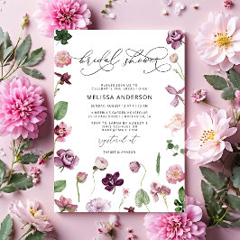 Invitación a ducha de novia morada con flores mora