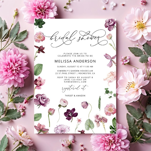Invitación a ducha de novia morada con flores mora (Subido por el creador)