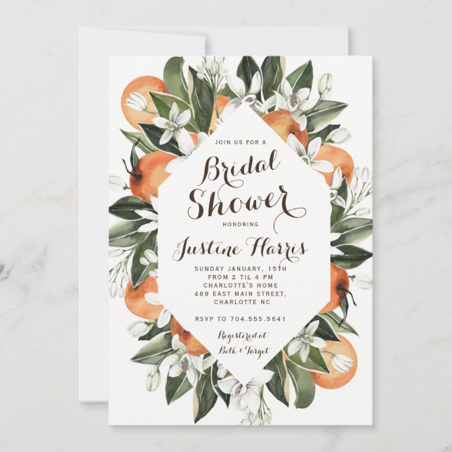 Invitación a ducha de novia naranja, novia del sur (Anverso)