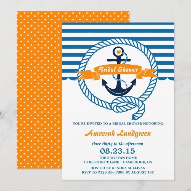 Invitación a ducha de novia náutica y Naranja (Anverso / Reverso)