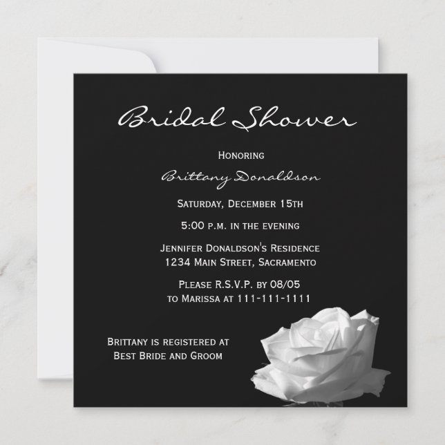 Invitación a ducha de novia negra, rosa blanca y n (Anverso)