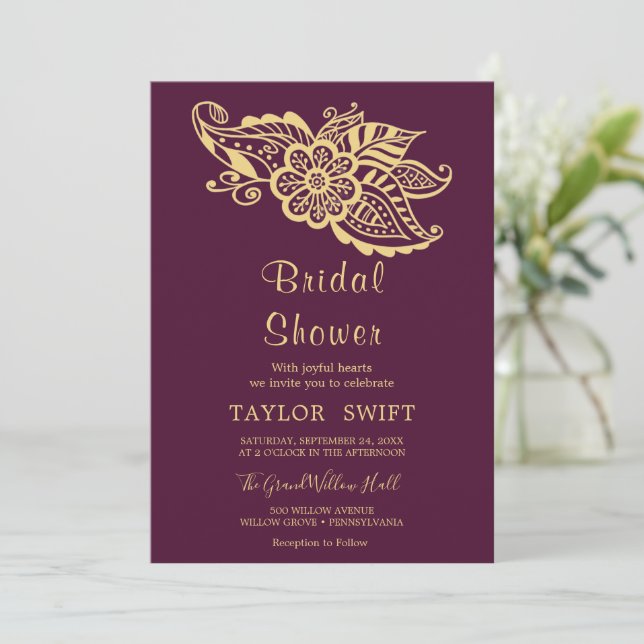 Invitación a ducha de novia paisley india Gold (Anverso de pie)