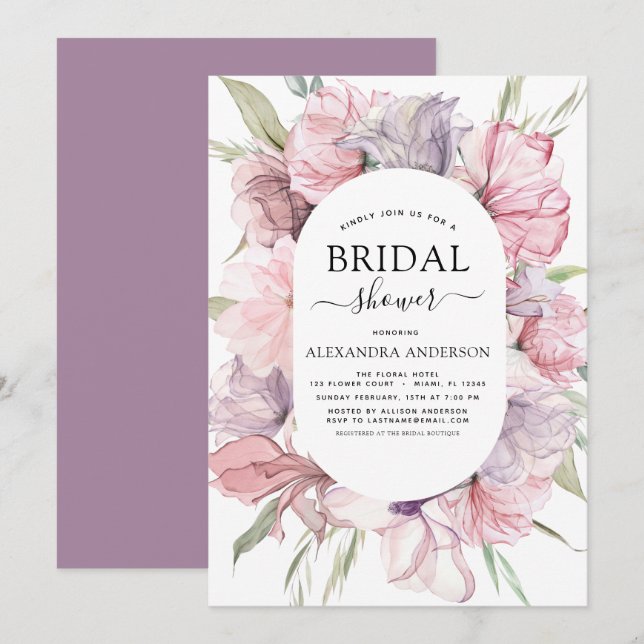 Invitación a ducha de novia púrpura rosa Boho Dust (Anverso / Reverso)