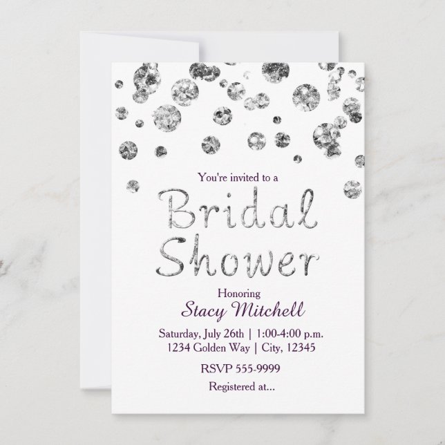 Invitación a ducha de novia Purpurina blanco y pla (Anverso)