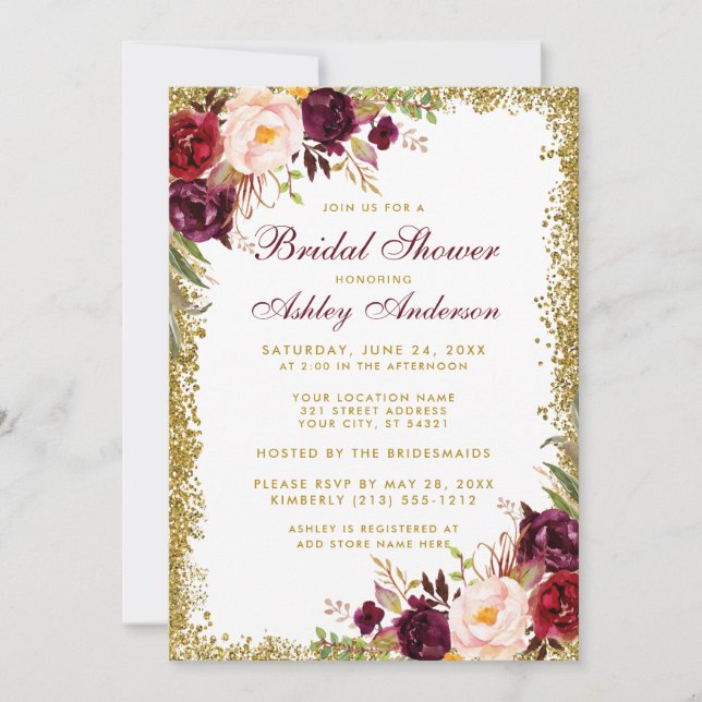 Invitación a ducha de novia Purpurina de oro flora (Anverso)