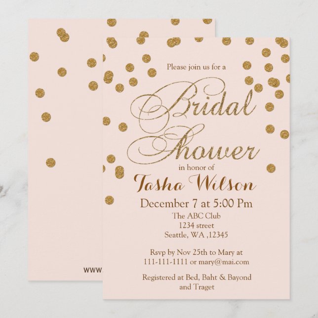 Invitación a ducha de novia Purpurina de Rubor ros (Anverso / Reverso)
