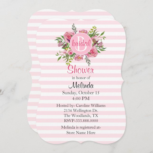 Invitación a ducha de novia rayada rosada en bonit (Anverso / Reverso)