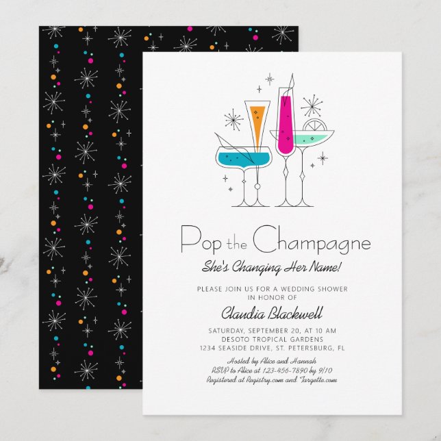 Invitación a ducha de novia retro de champagne pop (Anverso / Reverso)