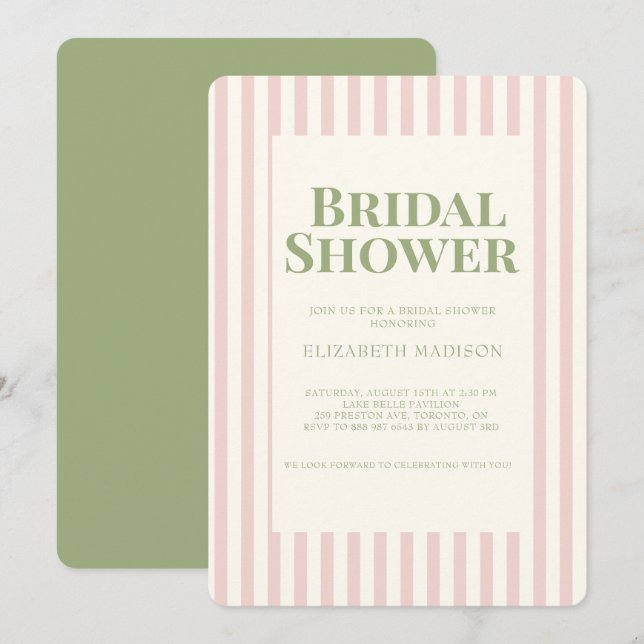 Invitación a ducha de novia retro verde rayado ros (Anverso / Reverso)