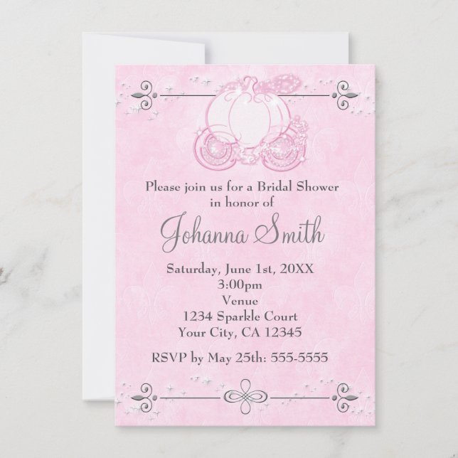 Invitación a ducha de novia rosa de Cinderella Car (Anverso)