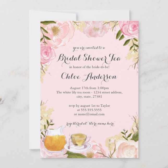 Invitación a ducha de novia rosa de teacup floral (Anverso)