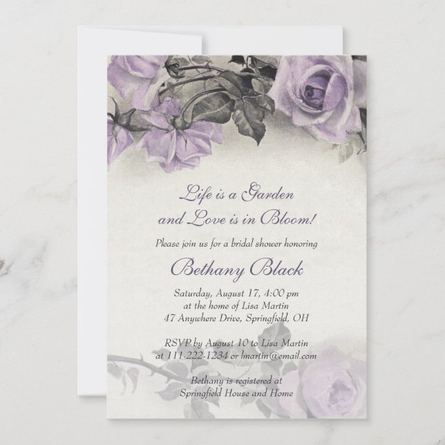 Invitación a ducha de novia Rosa púrpura de plata  (Anverso)