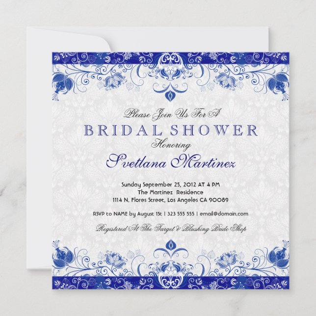 Invitación a ducha de novia Royal Blue & White Dam (Anverso)