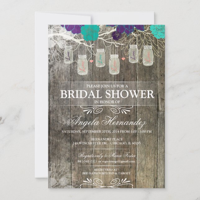 Invitación a ducha de novia rustica Mason Jar (Anverso)