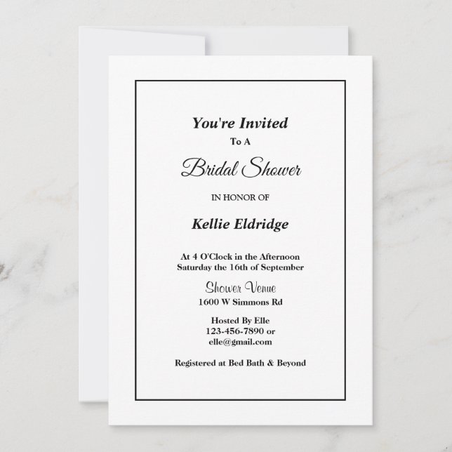 Invitación a ducha de novia simple y blanca con ma (Anverso)