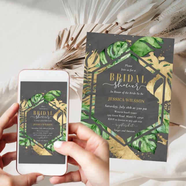 Invitación a ducha de novia tropical de oro oscuro (Subido por el creador)