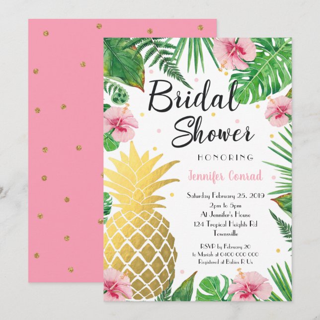 Invitación a ducha de novia tropical, piña de oro (Anverso / Reverso)