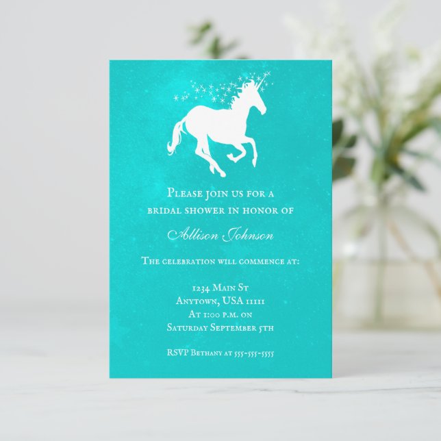 Invitación a ducha de novia turquesa Unicornio (Anverso de pie)