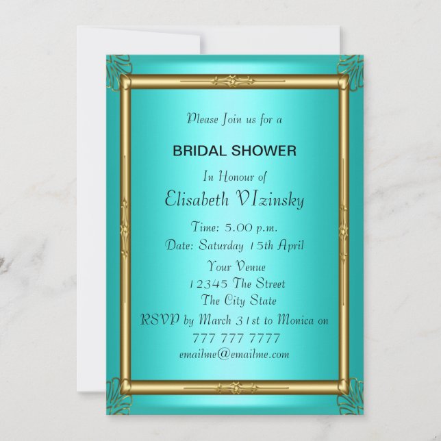 Invitación a ducha de novia verde azulada (Anverso)