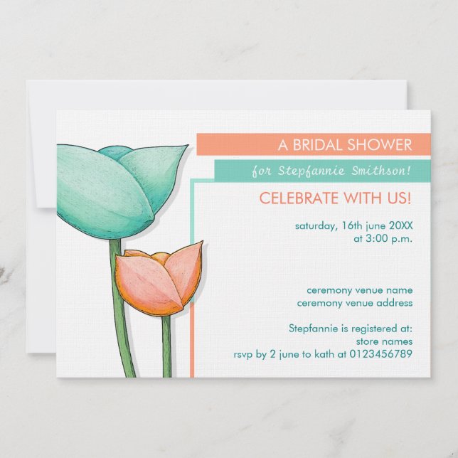 Invitación a ducha de novia verde azulada naranja  (Anverso)