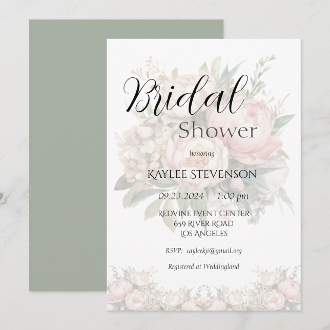 Invitación a ducha de novia verde de Floral Peonie (Anverso / Reverso)
