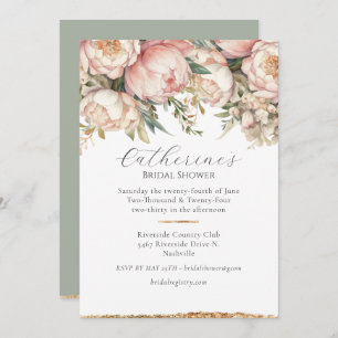 Invitación a ducha de novia verde peony con flores