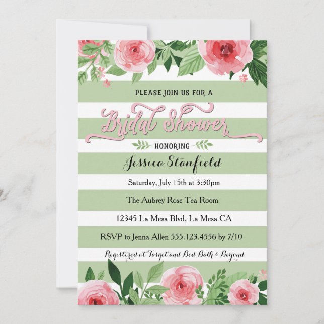 Invitación a ducha de novia verde rosa y de menta (Anverso)